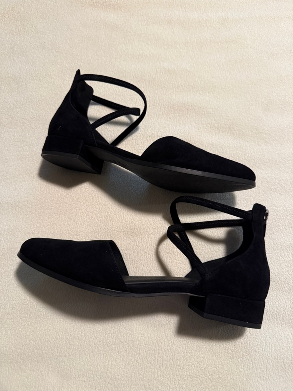 Eileen Fisher Black Suede Strappy D'Orsay Flats with Crossed Ankle Straps